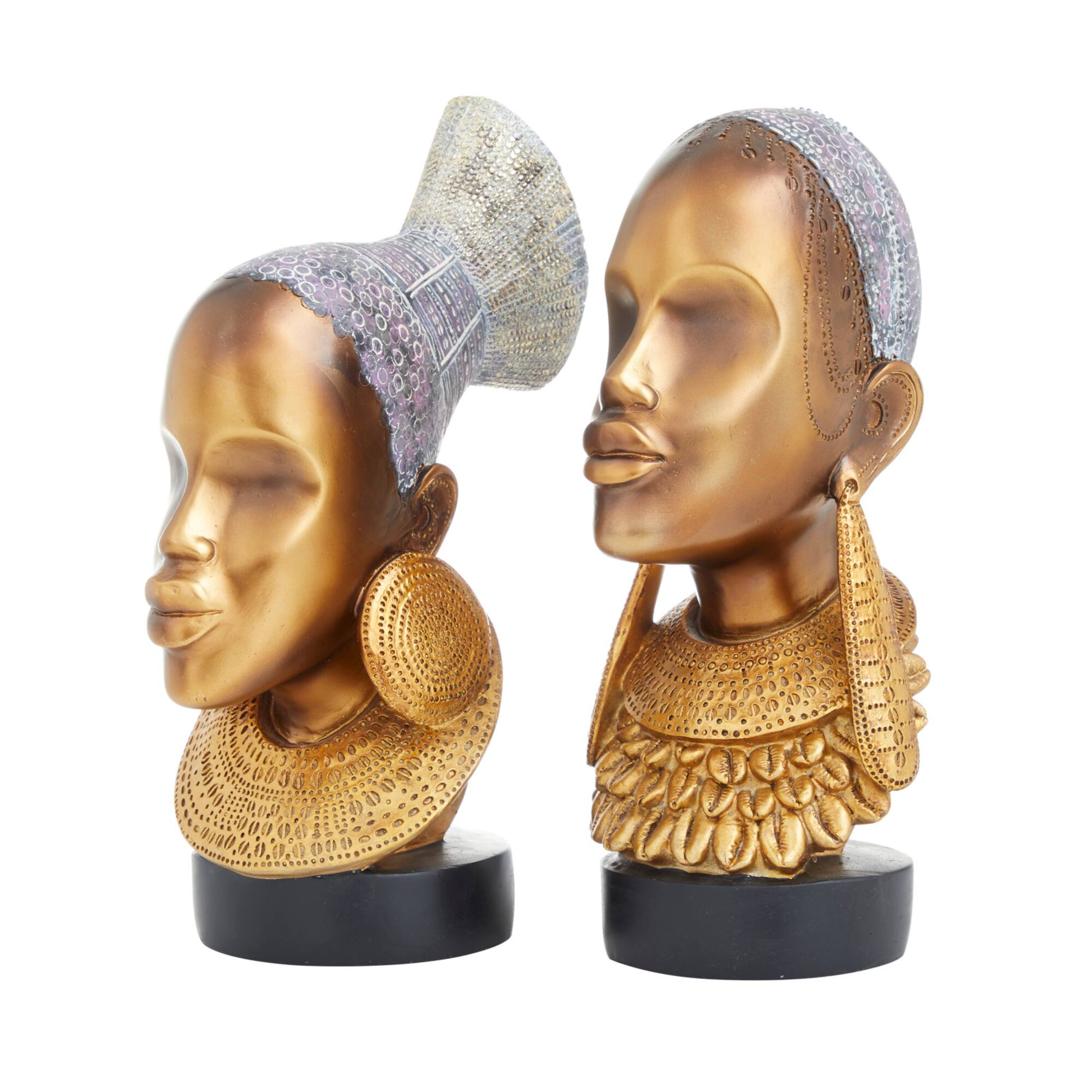 Set of 2 Gold Polystone Eclectic Sculptures, 11" x 5" x 6"
